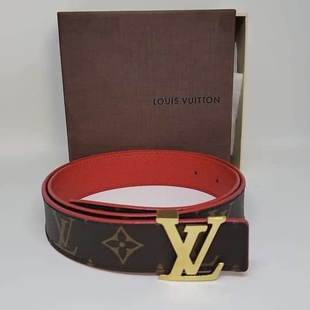 ***SOLD****Louis Vuitton Brown and Red Belt with Gold LV Buckle